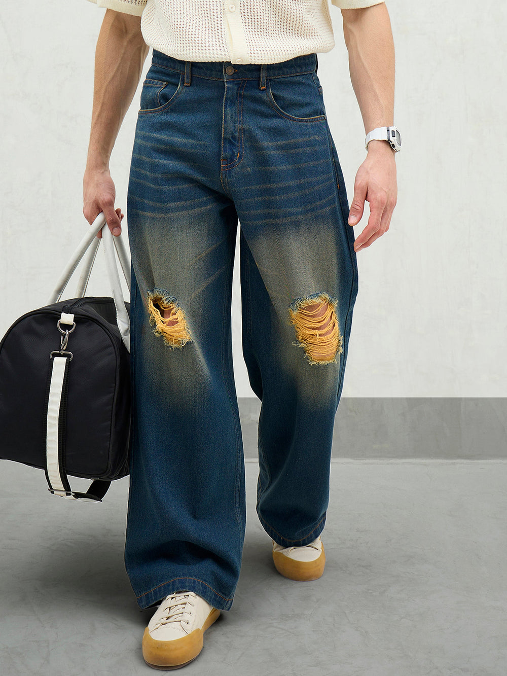 MASCLN SASSAFRAS - Men Blue Washed Knee Distressed Wide Leg Jeans