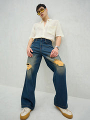 Men Blue Washed Knee Distressed Wide Leg Jeans