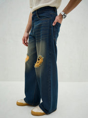 Men Blue Washed Knee Distressed Wide Leg Jeans