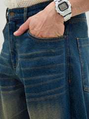 MASCLN SASSAFRAS - Men Blue Washed Knee Distressed Wide Leg Jeans