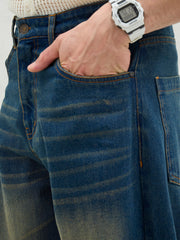 Men Blue Washed Knee Distressed Wide Leg Jeans
