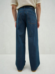 Men Blue Washed Knee Distressed Wide Leg Jeans