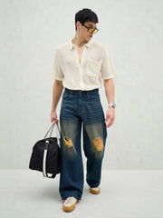 Men Blue Washed Knee Distressed Wide Leg Jeans