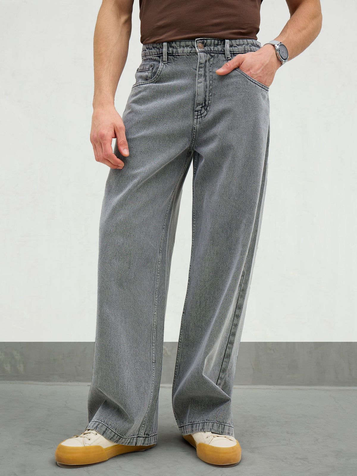 Men Light Grey Basic Wide Leg Jeans