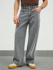 Men Light Grey Basic Wide Leg Jeans
