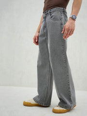 Men Light Grey Basic Wide Leg Jeans