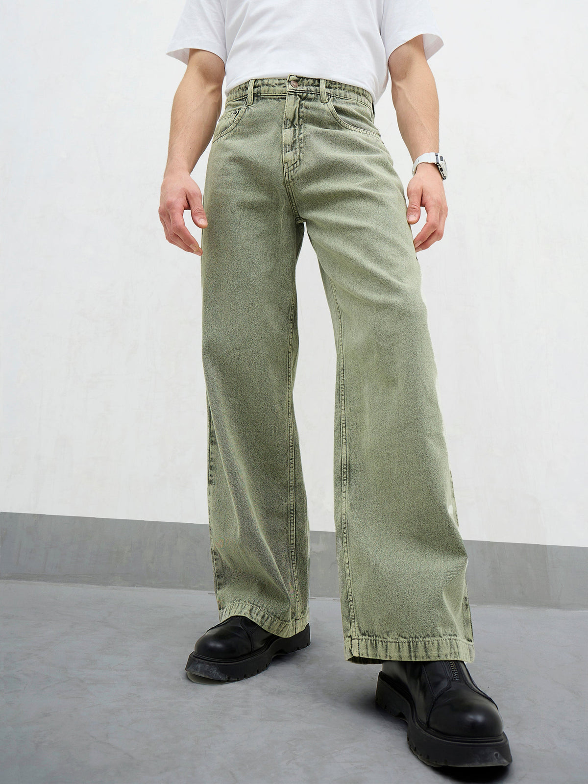 Men Light Green Basic Wide Leg Jeans