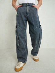 Men Blue Washed Big Cargo Pockets Wide Leg Jeans
