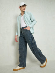 Men Blue Washed Big Cargo Pockets Wide Leg Jeans