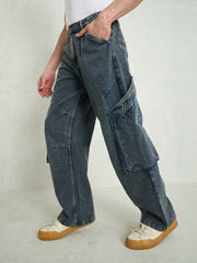 Men Blue Washed Big Cargo Pockets Wide Leg Jeans
