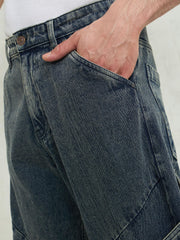 Men Blue Washed Big Cargo Pockets Wide Leg Jeans