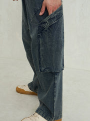 Men Blue Washed Big Cargo Pockets Wide Leg Jeans