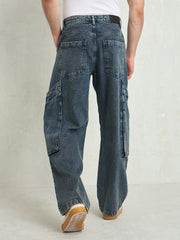 Men Blue Washed Big Cargo Pockets Wide Leg Jeans