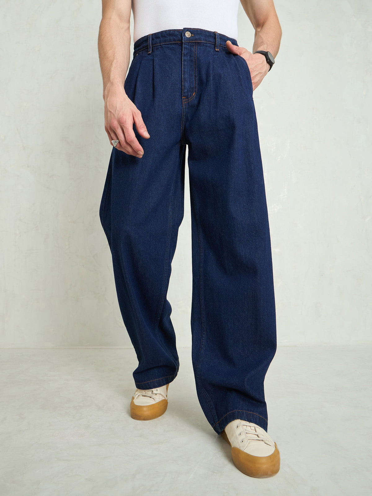 Men Navy Blue Front Dart Wide Leg Jeans