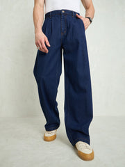 Men Navy Blue Front Dart Wide Leg Jeans