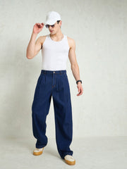 Men Navy Blue Front Dart Wide Leg Jeans