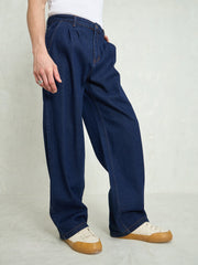Men Navy Blue Front Dart Wide Leg Jeans