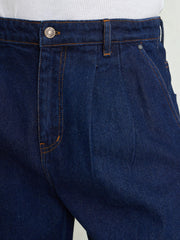 Men Navy Blue Front Dart Wide Leg Jeans