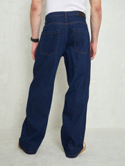 Men Navy Blue Front Dart Wide Leg Jeans