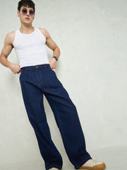 Men Navy Blue Front Dart Wide Leg Jeans