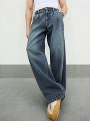 Men Blue Washed Front Dart Wide Leg Jeans