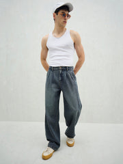 Men Blue Washed Front Dart Wide Leg Jeans