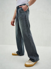 Men Blue Washed Front Dart Wide Leg Jeans