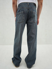 Men Blue Washed Front Dart Wide Leg Jeans