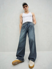 Men Blue Washed Front Dart Wide Leg Jeans