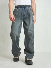 Men Blue Washed Knee Dart Wide Leg Jeans