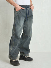 Men Blue Washed Knee Dart Wide Leg Jeans
