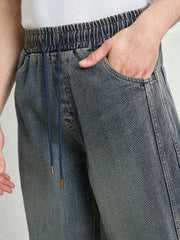 Men Blue Washed Knee Dart Wide Leg Jeans
