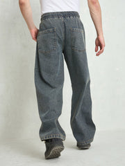 Men Blue Washed Knee Dart Wide Leg Jeans