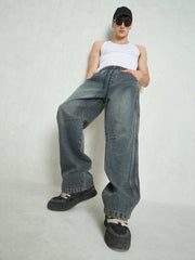 Men Blue Washed Knee Dart Wide Leg Jeans