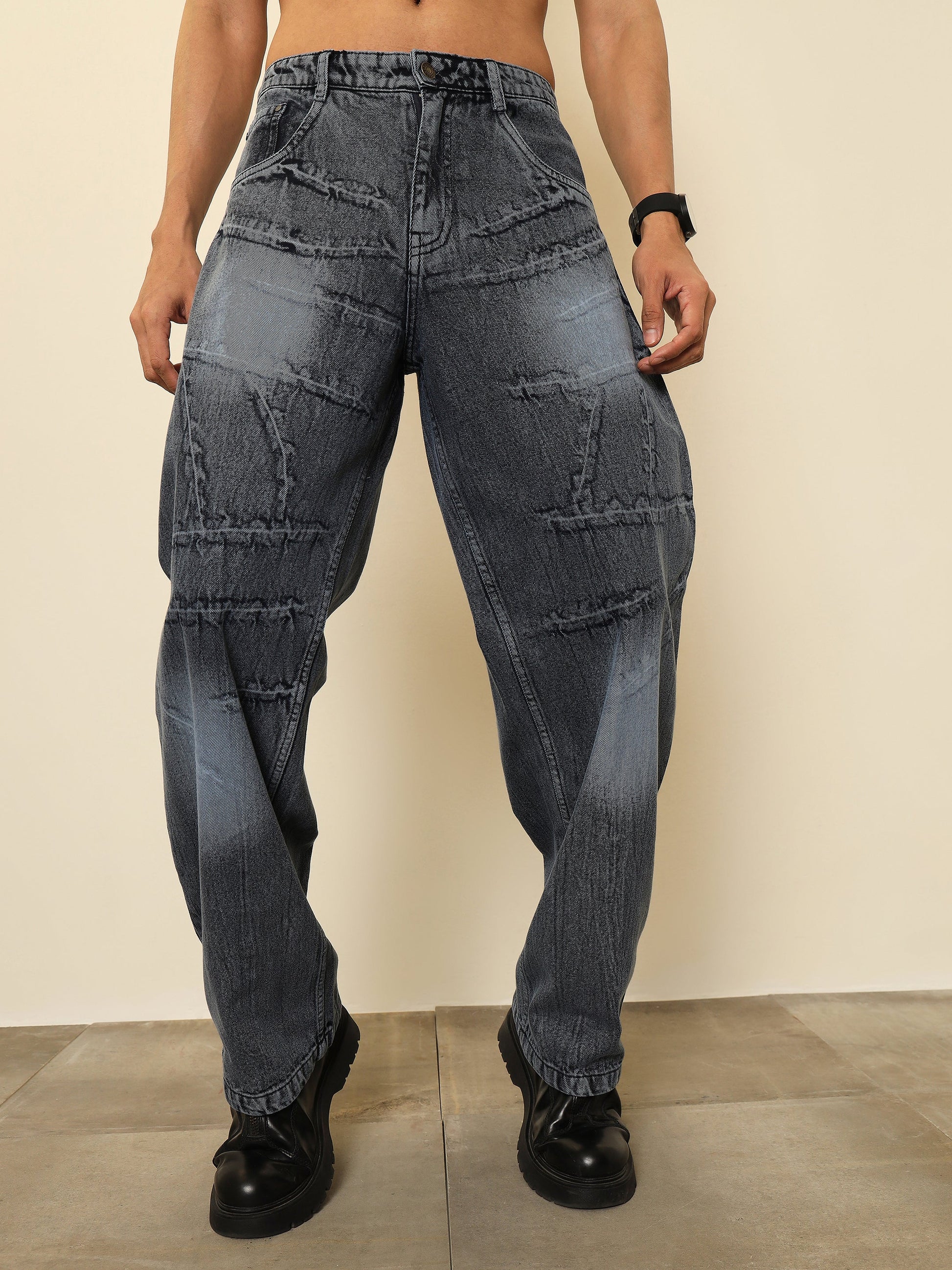 Grey Crinkled Wash Effect Relax Fit Jeans MASCLN SASSAFRAS