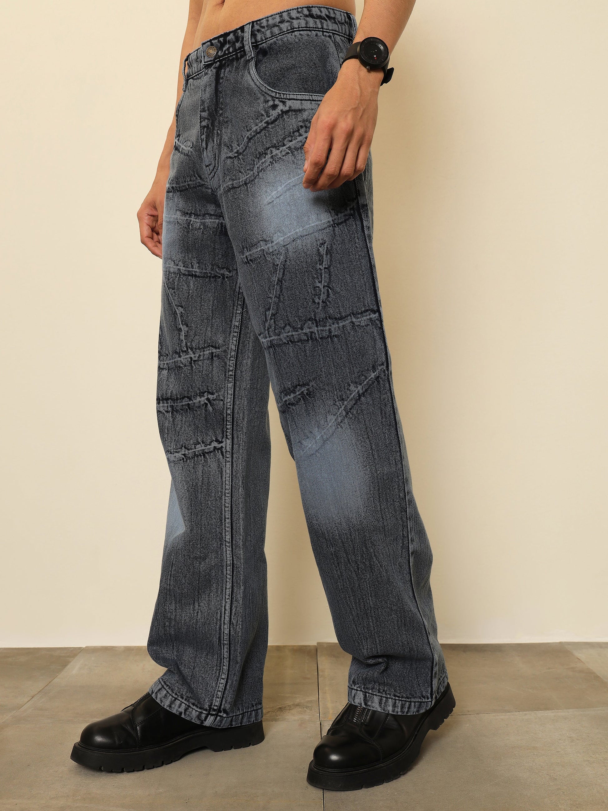 Grey Crinkled Wash Effect Relax Fit Jeans MASCLN SASSAFRAS