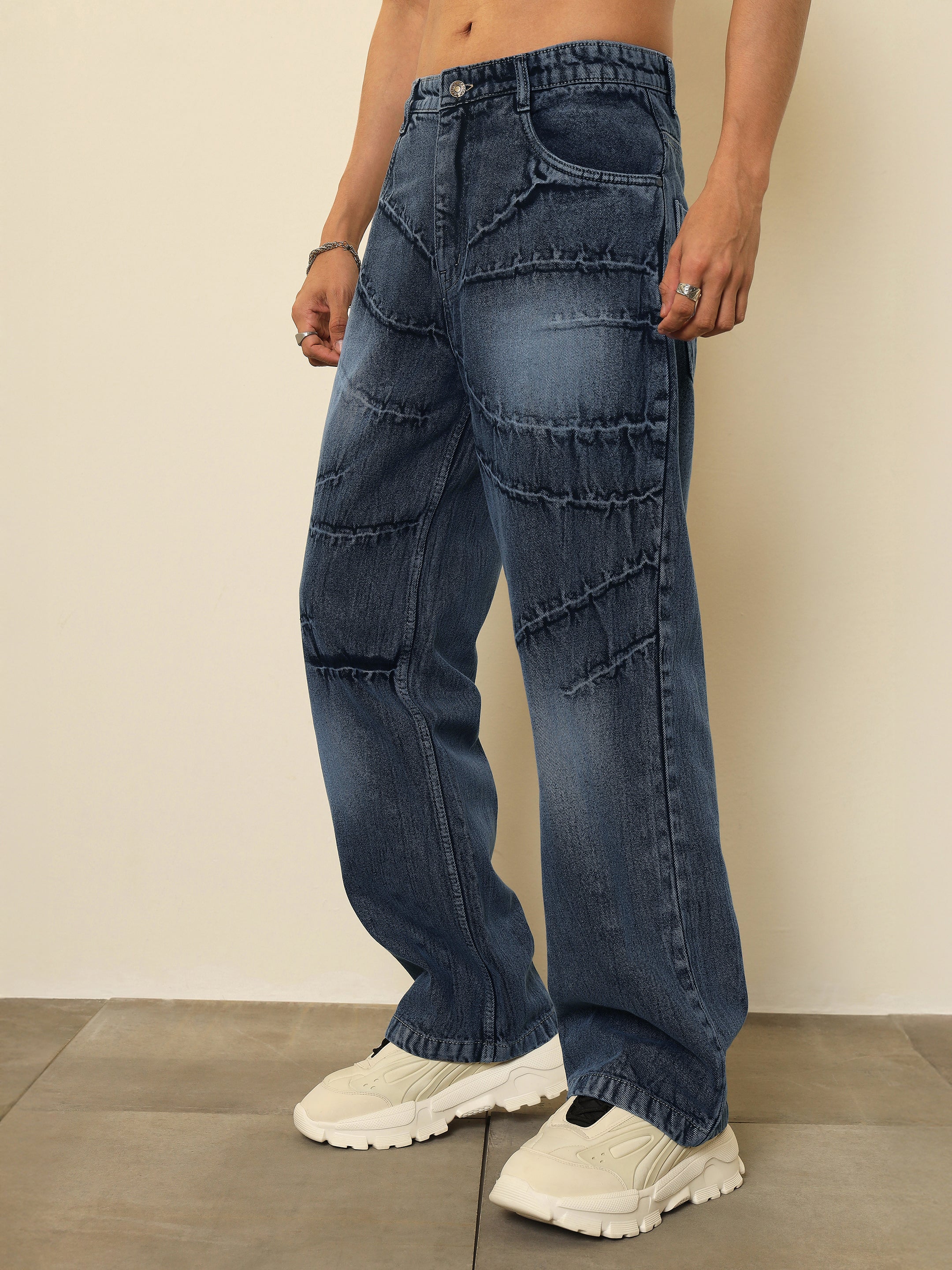 Dark Blue Crinkled Wash Effect Relax Fit Jeans MASCLN SASSAFRAS