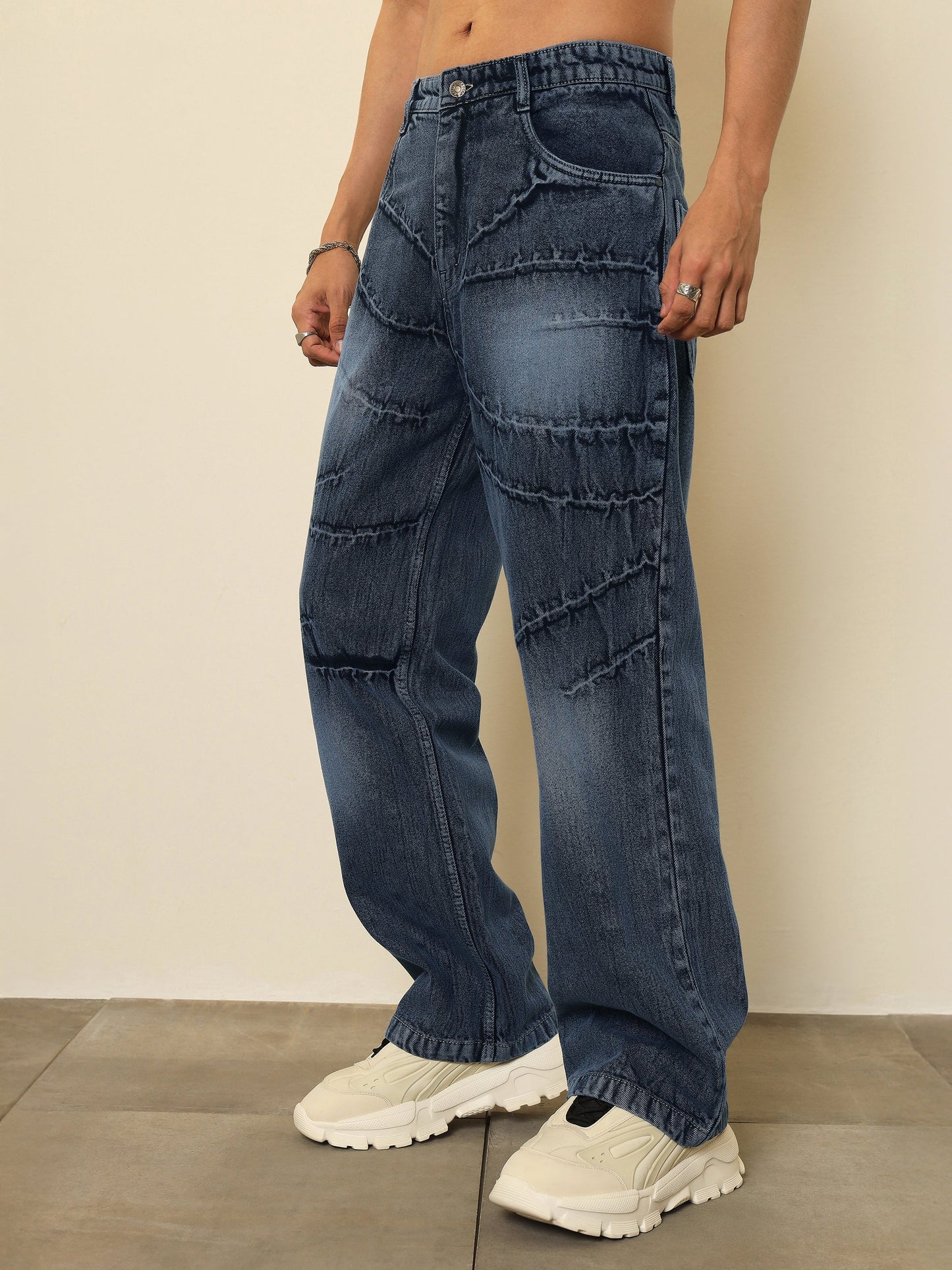 Dark Blue Crinkled Wash Effect Relax Fit Jeans MASCLN SASSAFRAS