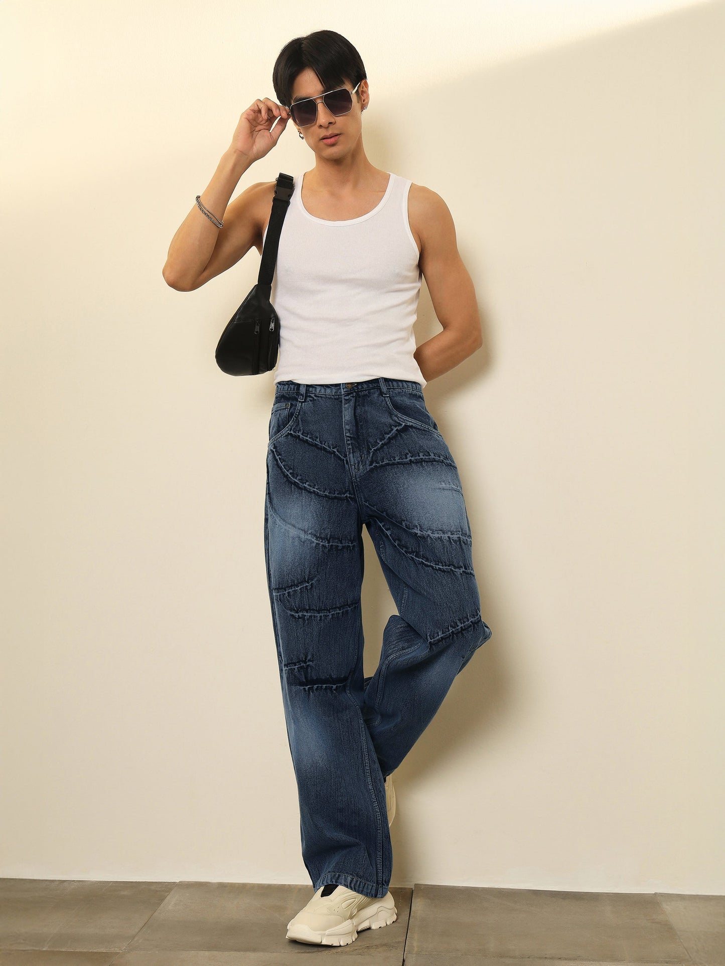 Dark Blue Crinkled Wash Effect Relax Fit Jeans MASCLN SASSAFRAS