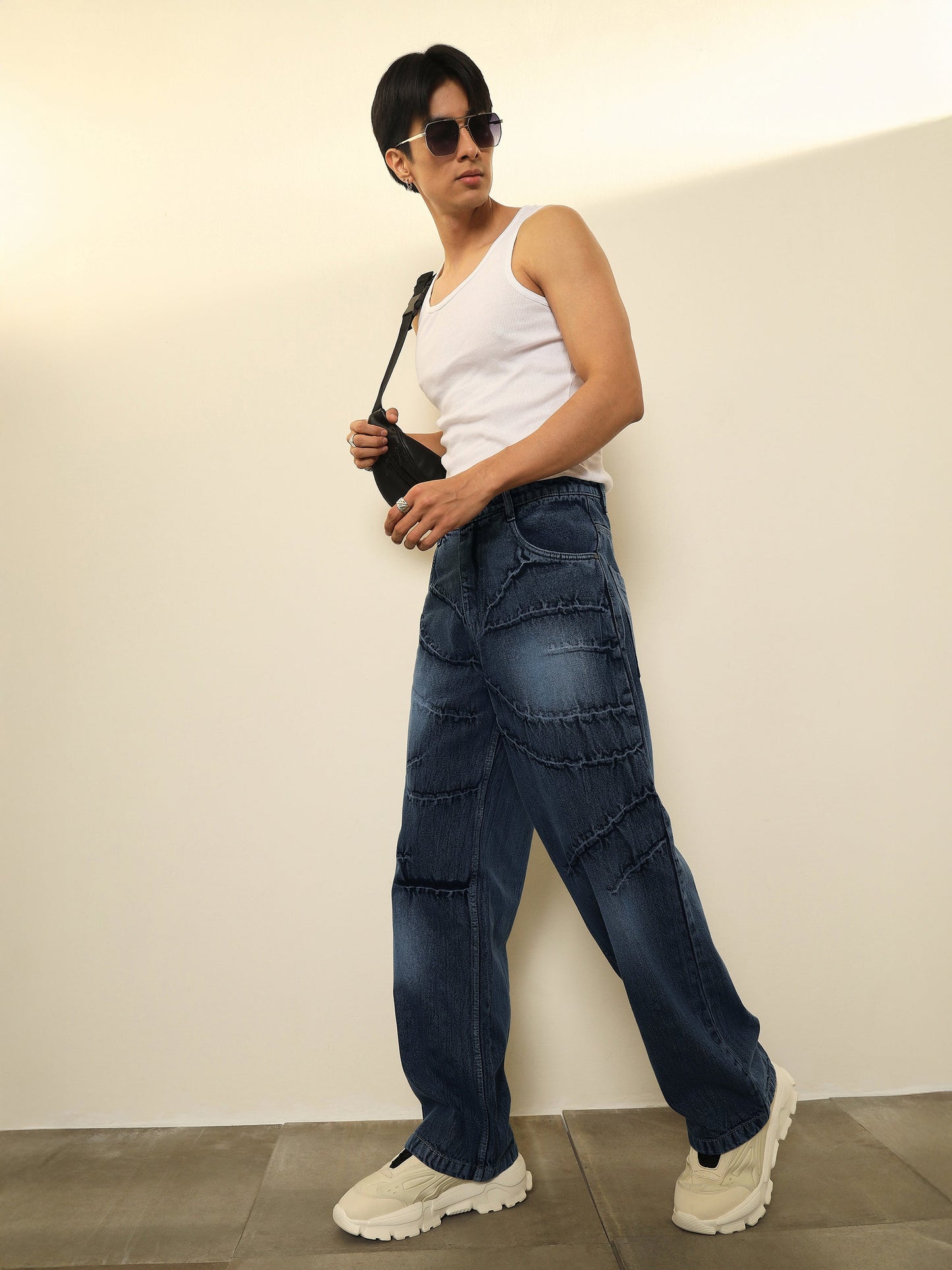Dark Blue Crinkled Wash Effect Relax Fit Jeans MASCLN SASSAFRAS