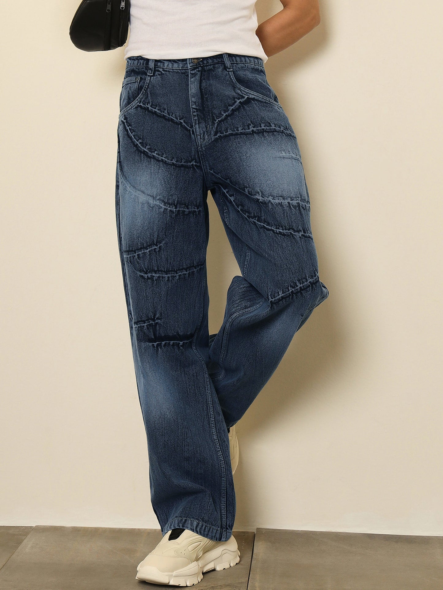 Dark Blue Crinkled Wash Effect Relax Fit Jeans MASCLN SASSAFRAS