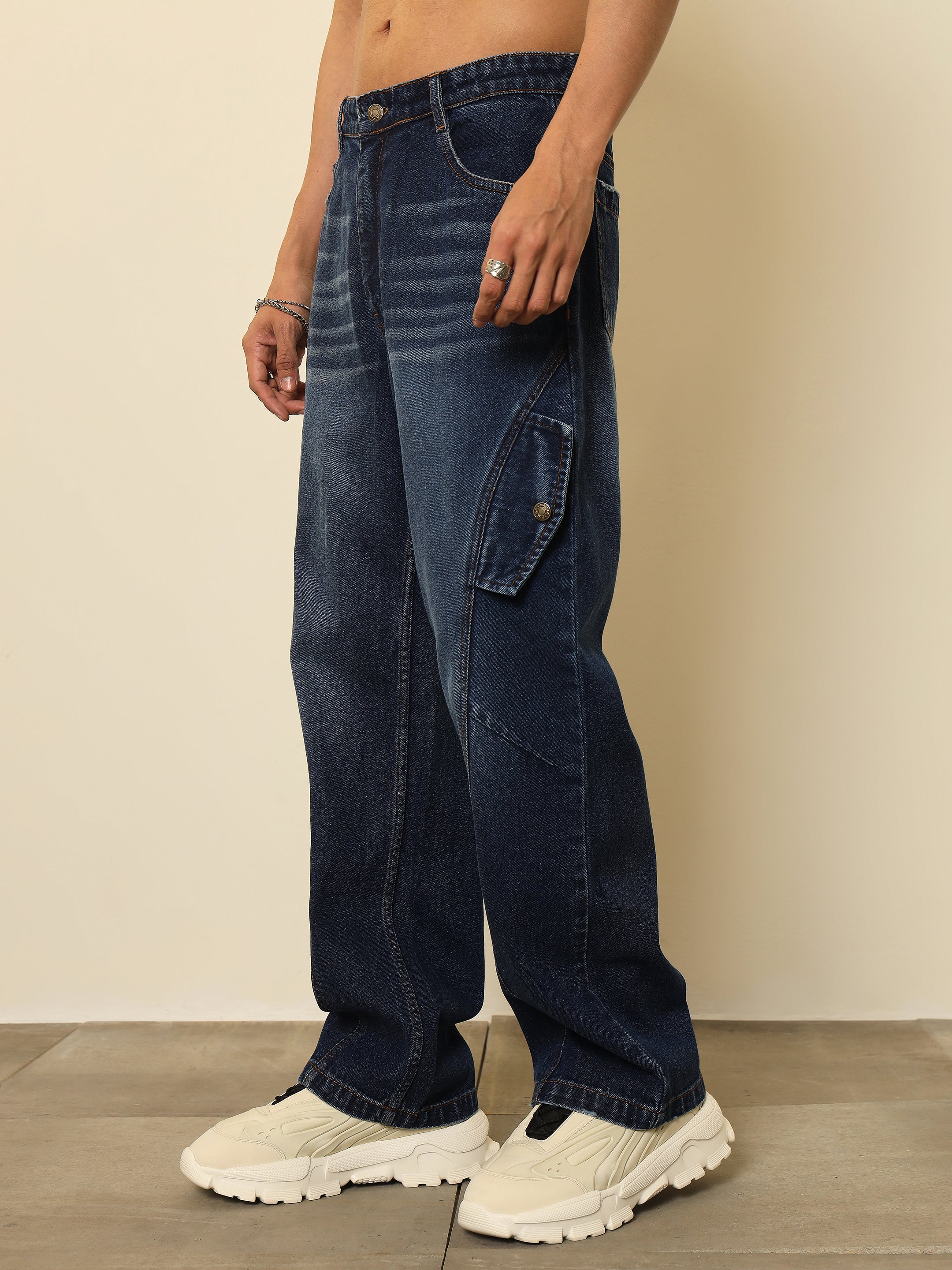 Dark Blue Washed Side Flap Relax Fit Jeans MASCLN SASSAFRAS