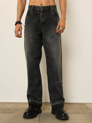 Black Washed Frayed Hem Relax Fit Carpenter Jeans MASCLN SASSAFRAS