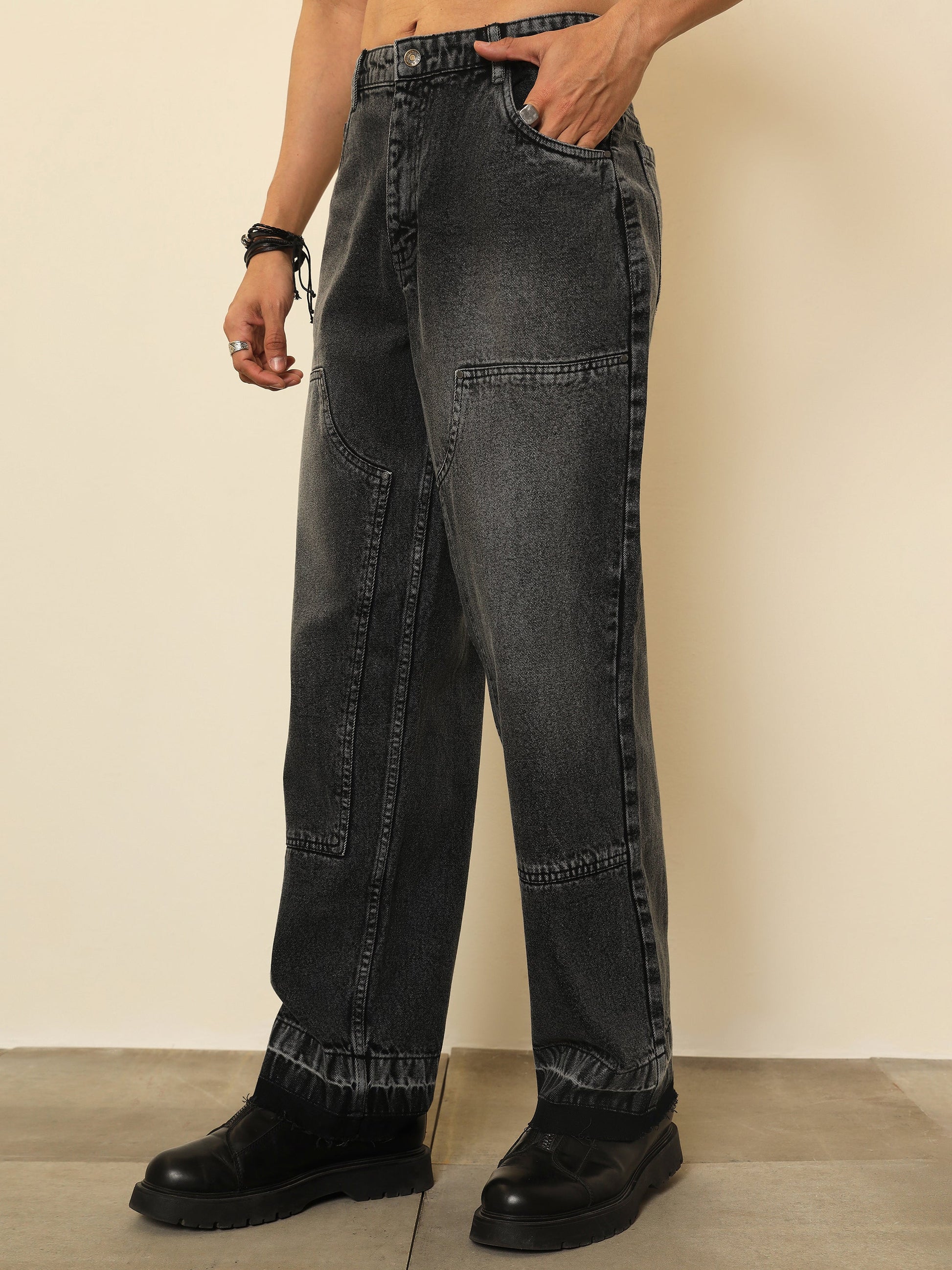 Black Washed Frayed Hem Relax Fit Carpenter Jeans MASCLN SASSAFRAS