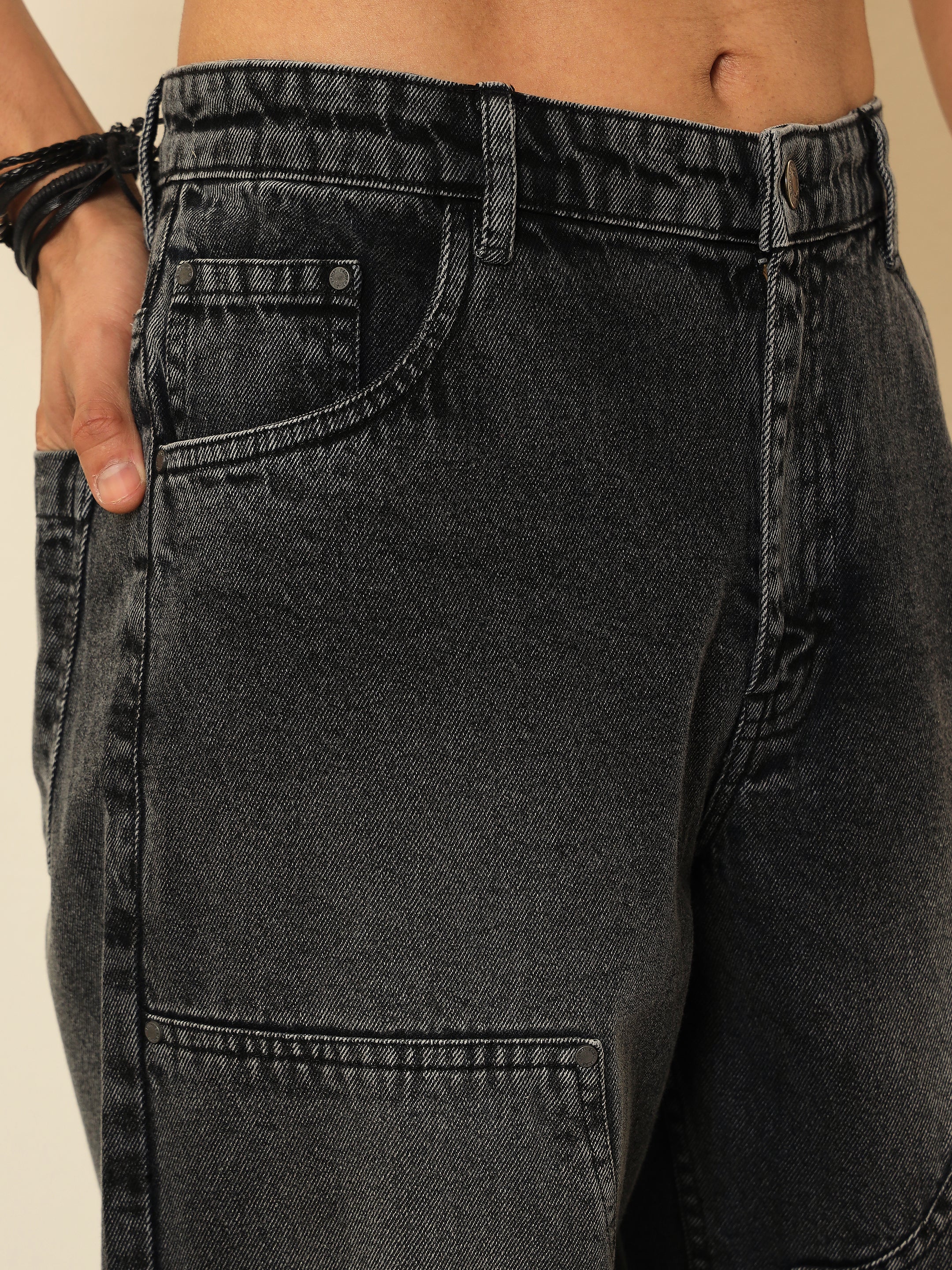 Black Washed Frayed Hem Relax Fit Carpenter Jeans MASCLN SASSAFRAS