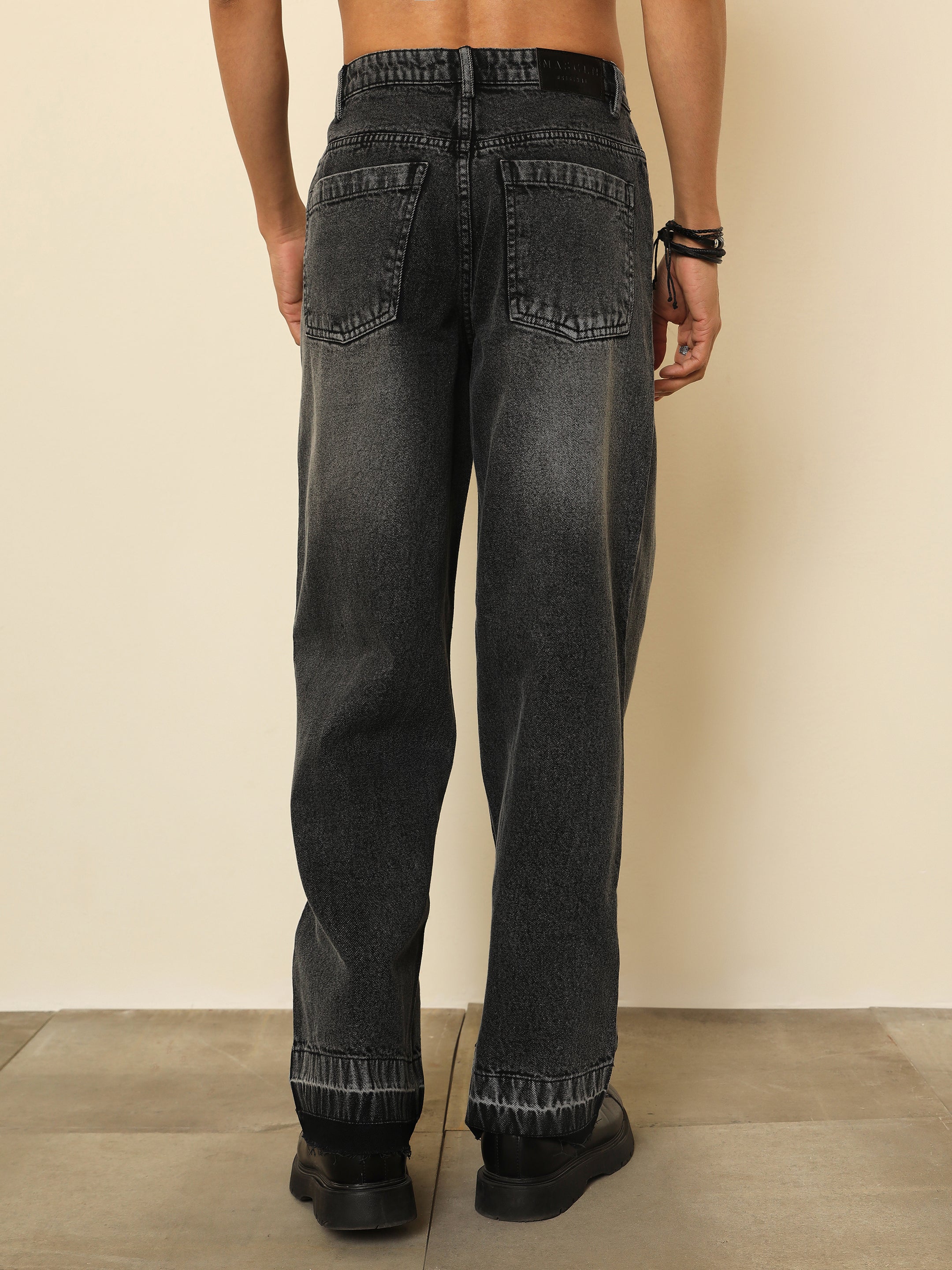 Black Washed Frayed Hem Relax Fit Carpenter Jeans MASCLN SASSAFRAS