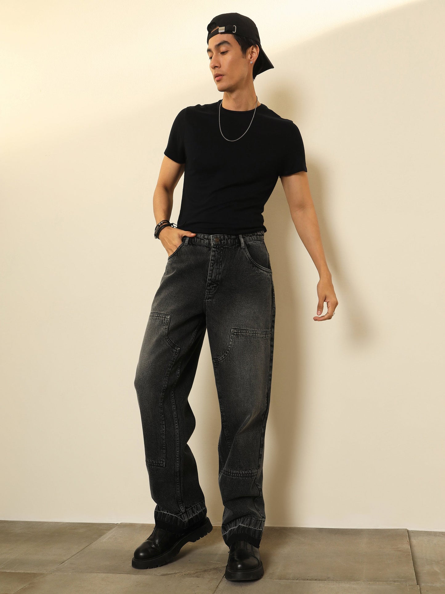 Black Washed Frayed Hem Relax Fit Carpenter Jeans MASCLN SASSAFRAS