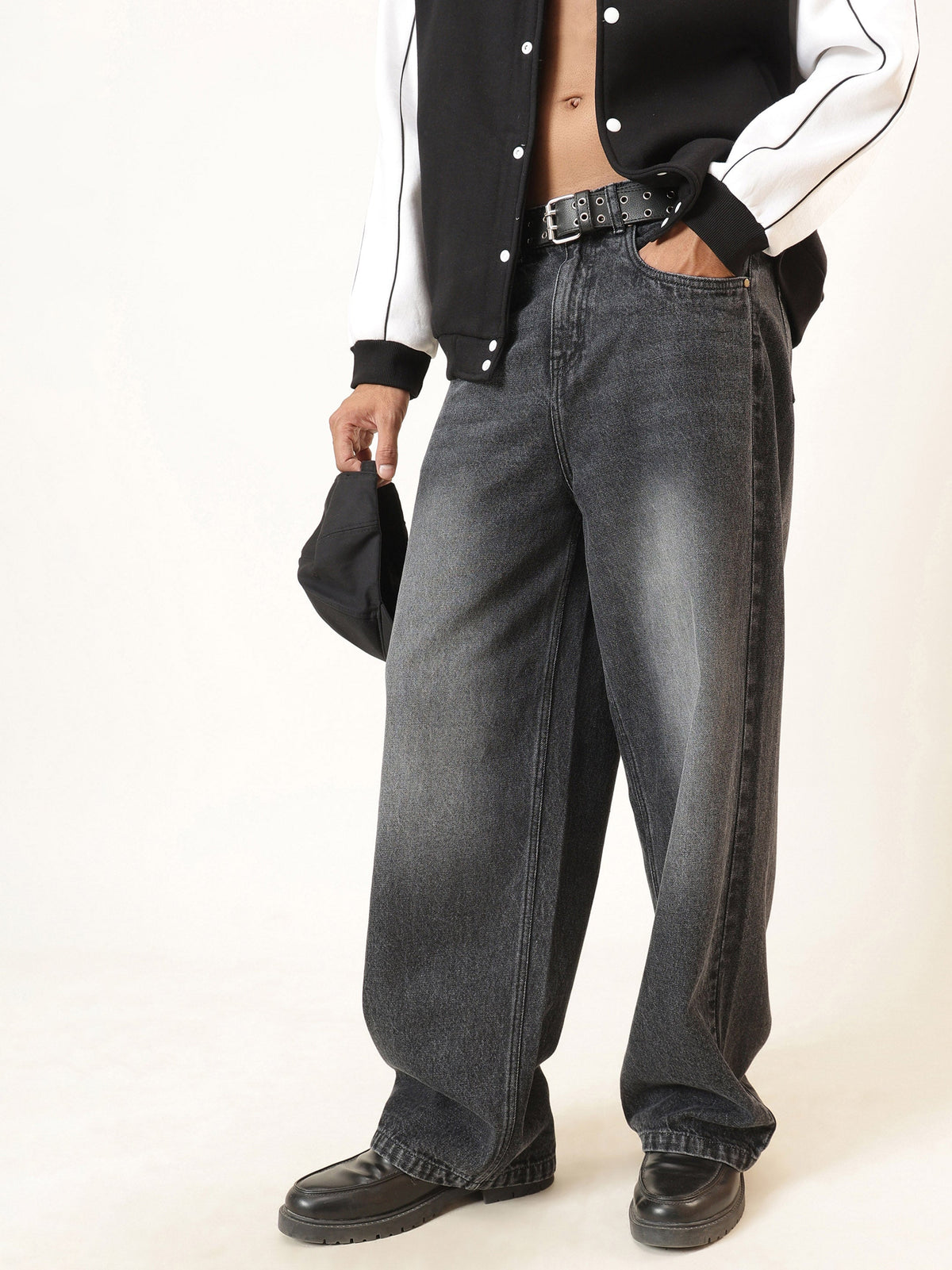 Black Wash Basic Wide Leg Jeans-MASCLN SASSAFRAS