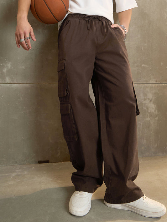 Men Brown Twill Elasticated Waist Wide Leg Pants
