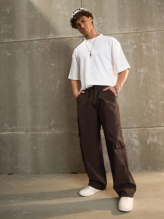 Men Brown Twill Elasticated Waist Wide Leg Pants